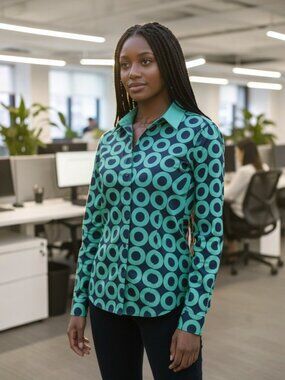 New York & Company Navy and Green Ring-Print Button-Down Blouse Size M